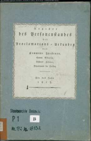Zivilstandsregister der katholischen Gemeinde Fürstenau, Kreis Höxter (A 1813). (Gemeinde: Katholische Gemeinde Fürstenau)