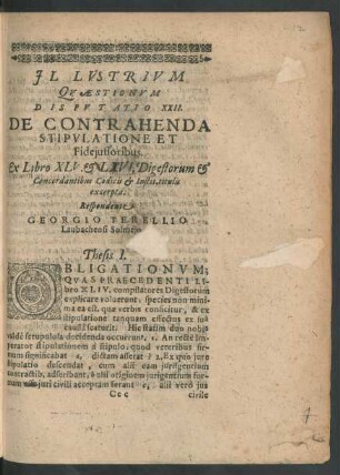 Illustrium Quaestionum Disputatio XXII. De Contrahenda Stipulatione Et Fideiussoribus.