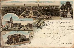 Postkartenalbum. "Gruss aus Karlsruhe". Blick vom Schlossturm, Krieger-Denkmal, Marktplatz und Hoftheater