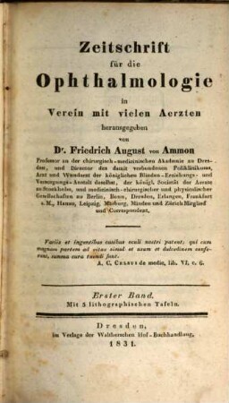 Zeitschrift für die Ophthalmologie. 1, 1. 1831