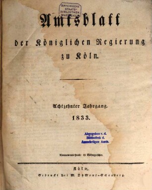 Amtsblatt für den Regierungsbezirk Köln. 1833