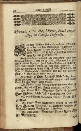 Memoria Vitæ atq; Mortis, beate placideq; in Christo Defuncti.