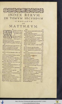 Index Rerum In Tomum Secundum Symbolarum In Matthaeum.