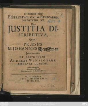 Exercitationum Ethicarum Disputatio XX. De Iustitia Distributiva