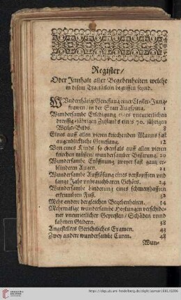 Register / Oder Innhalt aller Begebenheiten welche in disem Tractätlein begriffen sennd
