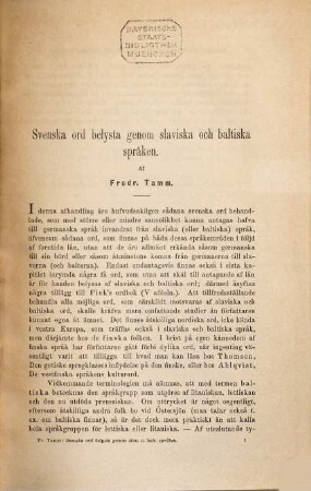 Svenska ord belysta genom slaviska och baltiska språken af Fredr[ik] [August] Tamm