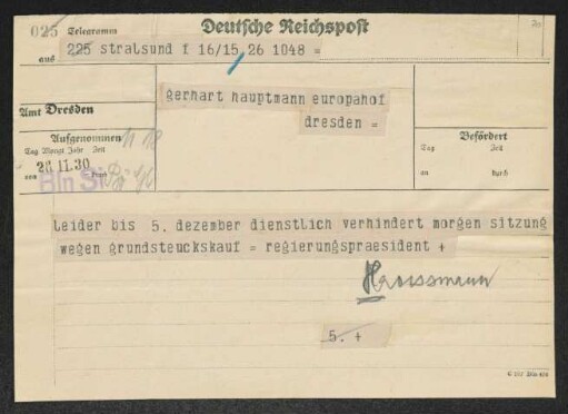 Brief von Hermann Haussmann an Gerhart Hauptmann
