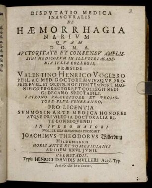 Disputatio Medica Inauguralis De Haemorrhagia Narium