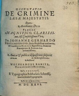 Disputatio De Crimine Laesae Maiestatis