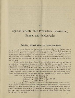 III. Special-Berichte über Produktion, Fabrikation, Handel und Geldverkehr