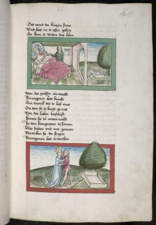(1) Brangene am Bett der minnekranken Isalde, Baumgarten; (2) Treffen Tristrants und Isaldes im Baumgarten