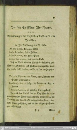 Von der Englischen Wortfügung, oder Abweichungen des Englischen Ausdrucks vom Deutschen