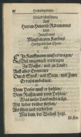 Glückwünschung Auff Herren Heinrich Ridemanns Und Jungfrauen Magdalenen Karsens Hochzeitliches Ehrenfest.