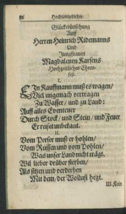 Glückwünschung Auff Herren Heinrich Ridemanns Und Jungfrauen Magdalenen Karsens Hochzeitliches Ehrenfest.