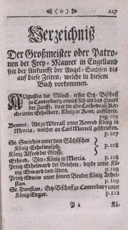 Verzeichniß der Großmeister oder Patronen der Frey-Maurer in Engelland seit der Ankunfft der Angel-Sachsen bis auf diese Zeiten, welche in diesem Buch vorkommen.
