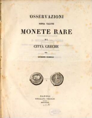 Osservazioni sopra talune monete rare di città greche