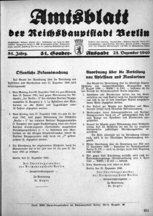 51. Sonder-Ausgabe, 23. Dezember 1940