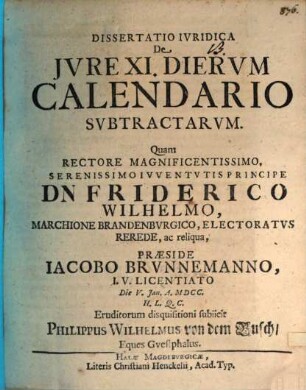 Dissertatio iuridica de iure XI. dierum calendario subtractarum