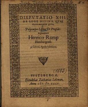 Dispvtatio XIII. De Lege Divina