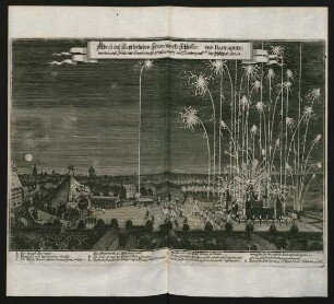 Abriß des Kaysserlichen Fewerwercks Schlosses: und Barraquen/ worinen daß Fried und: freudenmahl gehalten worde vor Nurnberg...Anno 1650.