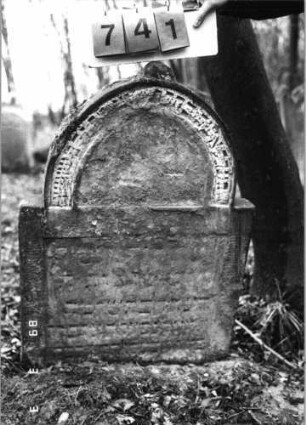 Grabstein 741 (Index: 99751624) Material: Sandstein Zustand: abgeblätt/verwitt/fast völl. Textverlust Maße HxBxT: 94x68x10 cm Beschreibung: Stele, eingezogener Rundbogenabschluß, rechteck. Schriftfeld eingetieft: Grabstein 741
