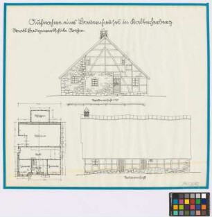 Kalterherberg ([Landkreis Monschau]): Bauernhaus. Haupthaus (Grundriss, Straßen-Ansicht, Seiten-Ansicht)