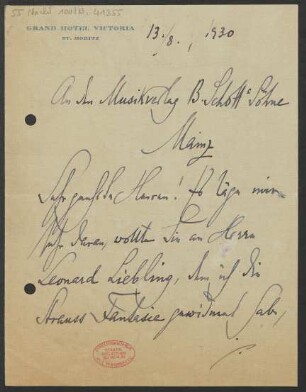 Brief an B. Schott's Söhne : 13.08.1930