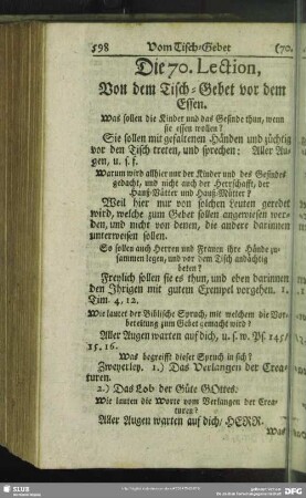 Die 70. Lection, Von dem Tisch-Gebet vor dem Essen