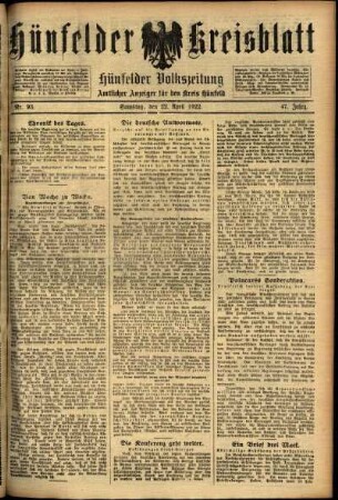 Ausgabe vom Samstag, den 22. April 1922.