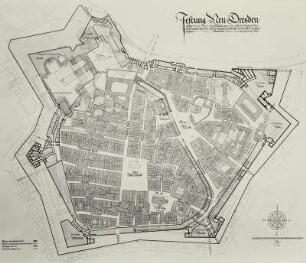 Festung Neu-Dresden : Heinrich Koch (Oberbaurat). Plan der Festung Neu-Dresden im Zustand 1721 auf den heutigen (1932-1935) Zustand bezogen. Dresden, Staatliche Kunstsammlungen, Rüstkammer II/134