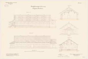 Kavallerie Kasernement II, Danzig-Langfuhr Einfache Reitbahn: Längsschnitt, Querschnitte, S-, O-Ansicht 1:100