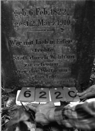 Grabstein 622 (Index: 99788981) Material: Sandstein und Marmor Zustand: Texttafel zerbrochen und repariert Maße HxBxT: 127x66x22 cm Symbolik: Stern, florale Motive: Grabstein 622C
