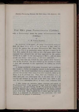 Prof. Mik`s genus Paracrocera (Cyrtidae), with a Postscript about the genus Alloeneurus Mik (Dolichop.)