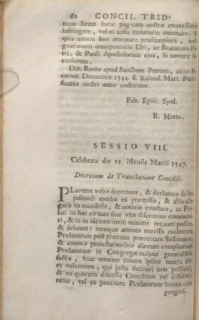 Sessio VIII. Celebrata die 11. Mensis Martii 1547. Decretum de Translatione Concilii.