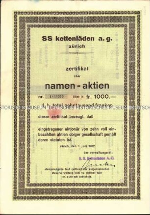 Namensaktie der SS Kettenläden A.G. Zürich über 10.000 Schweizer Franken mit Kupons