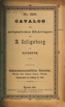 Antiquariats-Katalog. 226. 1894