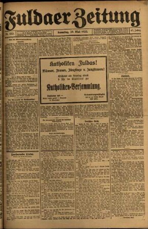 Erste Ausgabe vom Samstag, den 29. Mai 1920.