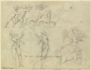 Studienblatt: Putten, Hunde und ein Vogel, der auferstandene Christus (Noli me tangere) sowie eine weitere, nach rechts schreitende männliche Figur