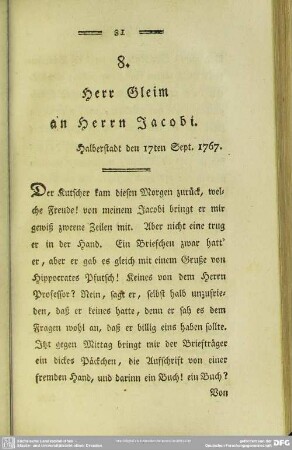 8. Herr Gleim an Herrn Jacobi. Halberstadt den 17ten Sept. 1767