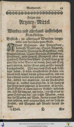 Folgen nun Artzney-Mittel zu Wunden und allerhand äusserlichen Kranckheiten.