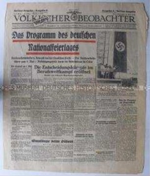 NS-Tageszeitung "Völkischer Beobachter" zur Vorbereitung der Feiern zum 1. Mai als "Tag der Arbeit"