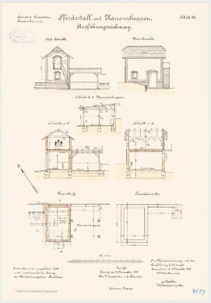 Pionierkaserne, Graudenz Pferdestall und Karrenschuppen: Grundriss Fundamente, Erdgeschoss, Aufriss Westansicht und Südansicht, Längsschnitt, Querschnitte 1:100