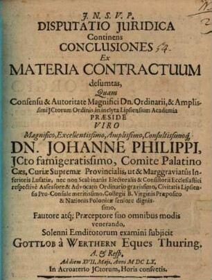 Disputatio Iuridica Continens Conclusiones Ex Materia Contractuum desumtas