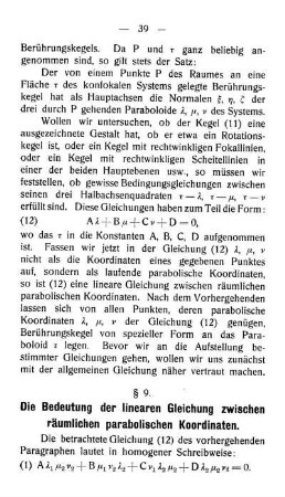 § 9. Die Bedeutung der linearen Gleichung zwischen räumlichen parabolischen Koordinaten.