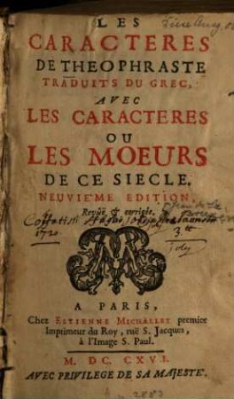 Les Caractères de Theophraste : traduits du grec ; avec les Caractères ou les Moeurs de ce siecle