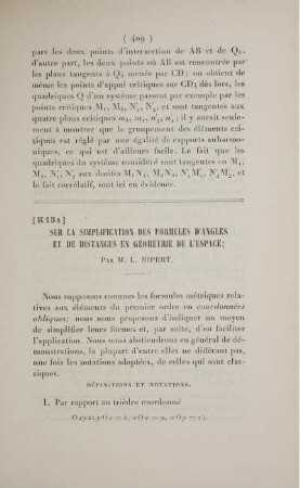 [K13 a] Sur la simplification des formules d'angles et de distances en géométrie de l'espace.