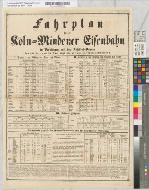 Fahrplan für die Köln-Mindener Eisenbahn in Verbindung mit den Anschluß-Bahnen für die Zeit vom 25. Juni 1853 bis auf weitere Bekanntmachung. Druck von M. DuMont-Schauberg in Köln