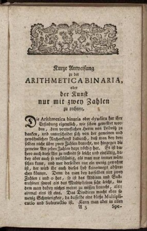 Kurze Anweisung zu der Arithmeticabinaria oder der Kunst nur mit zwey Zahlen zu rechnen.