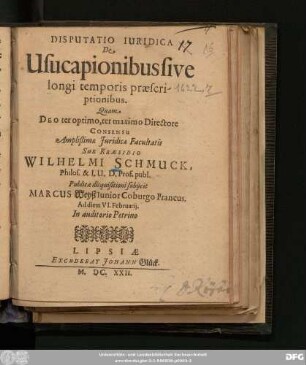 Disputatio Iuridica De Usucapionibus sive longi temporis praescriptionibus