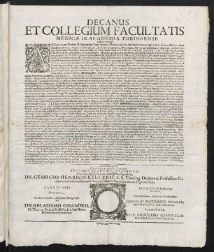 Decanus Et Collegium Facultatis Medicae In Academia Tubingensi, Lecturis Salutem!